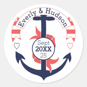 Aangepaste Nautical Navy Coral Wedding Anchor Ronde Sticker