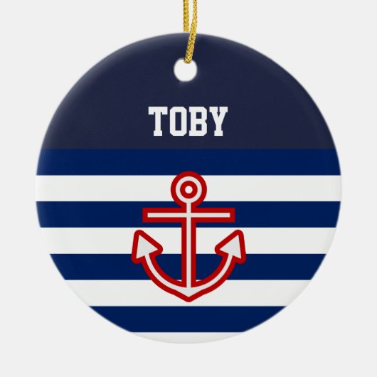 Aangepaste Nautical Navy White Stripes Keramisch Ornament (Voorkant)