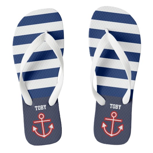 Aangepaste Nautical Navy White Stripes Teenslippers (Voetbed)