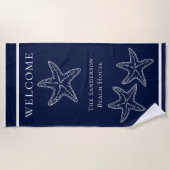 Aangepaste Nautical White Navy Blue Starfish Strandlaken (Voorkant)