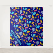 Aangepaste Navy Blauwe Kleurrijke Dinosaurus Thema Wandkleed (Voorkant)