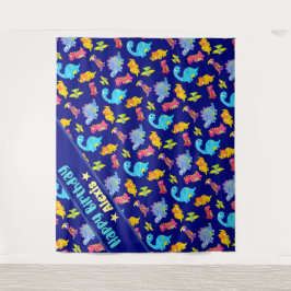 Aangepaste Navy Blue Kleurrijke Dinosaurus Verjaar Wandkleed