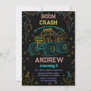 Aangepaste neon Bash Monster Truck Verjaardagsfees Kaart
