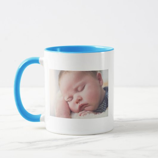 Aangepaste nieuwe baby foto, naam en datum mok (Links)