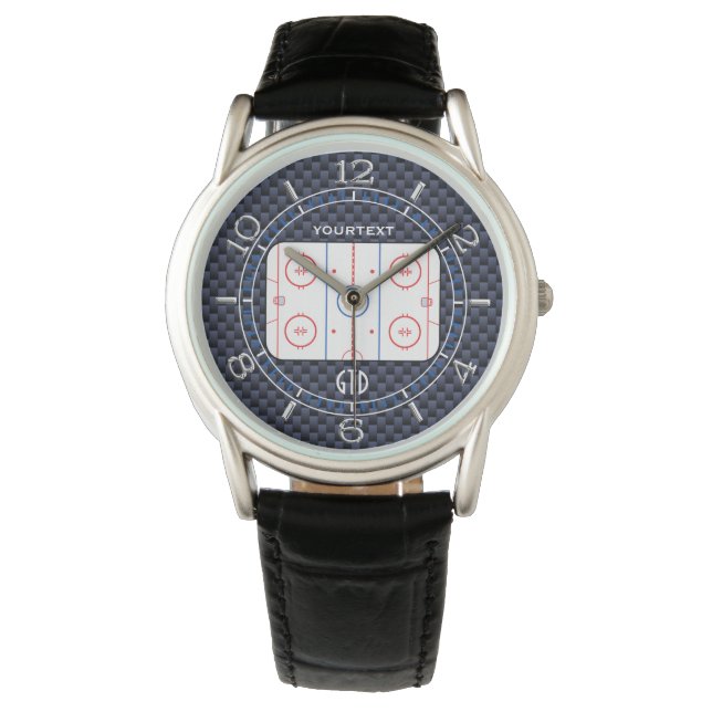 Aangepaste ockey Rink Diagram Blue Carbon Style Horloge (Voorkant)