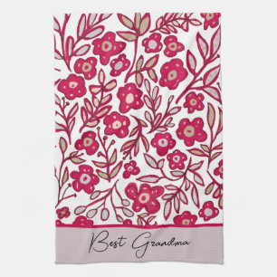 Aangepaste oma Boho Floral Red Gray Kitchen Towel Theedoek