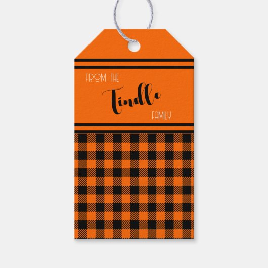 Aangepaste  Oranje Buffalo Check Plaid Holiday Cadeaulabel (Voorkant)