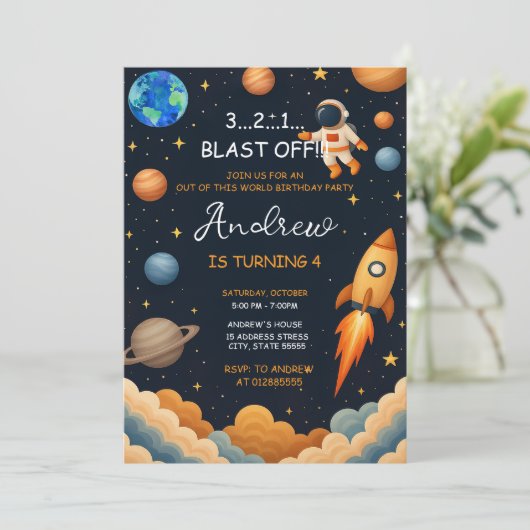 Aangepaste Outer Boy Blast Off Rocket Ship Verjaar Kaart (Staand voorkant)