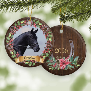 Aangepaste Paard Foto Rustiek Hout Kerstmis Keramisch Ornament