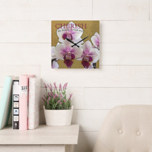 Aangepaste Paarse en witte orchidee-droogpenseel Vierkante Klok