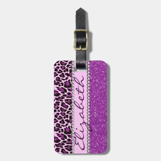 Aangepaste Paarse luipaard en glitter Bagagelabel (Voorkant verticaal)