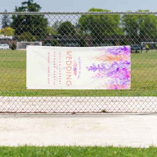 Aangepaste paarse oranje trouwkunst welkom banner (Insitu)