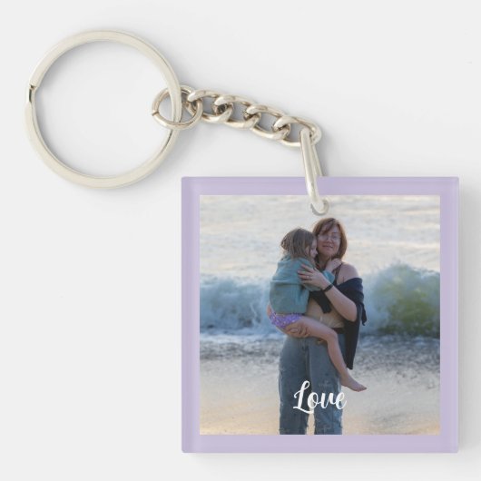 Aangepaste paarse rand foto witte liefde script sleutelhanger (voorkant)