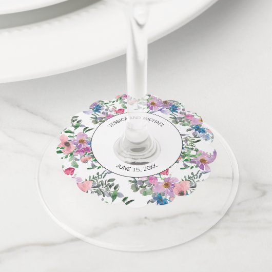 Aangepaste Paarse roze en witte flora Wijnglaslabel (Dichtbij)