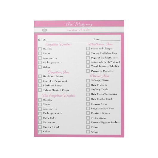 Aangepaste Pageant Packing Checklist voor Pageants Notitieblok (Gedraaid)