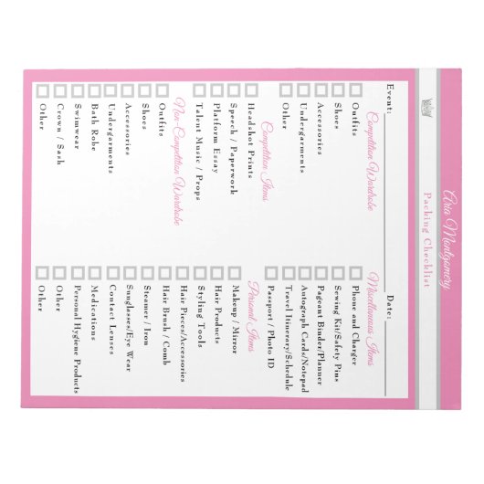 Aangepaste Pageant Packing Checklist voor Pageants Notitieblok (Voorkant)