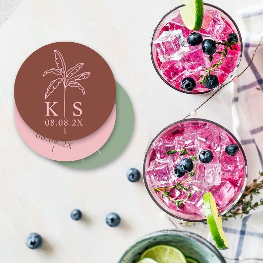 Aangepaste Palm Tree Monogram Sla de datum op Logo Ronde Kartonnen Onderzetter