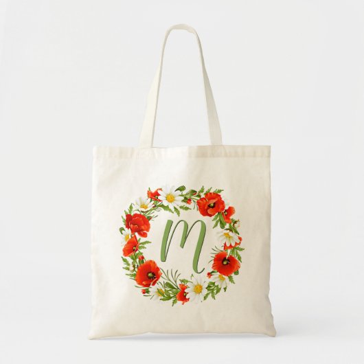 Aangepaste papaver Dadisies Monogram Vloer Wreate Tote Bag (Voorkant)