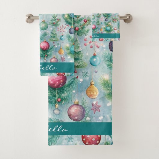 Aangepaste Pastelkerstboom Ornament Holly Berry Bad Handdoek (Insitu)