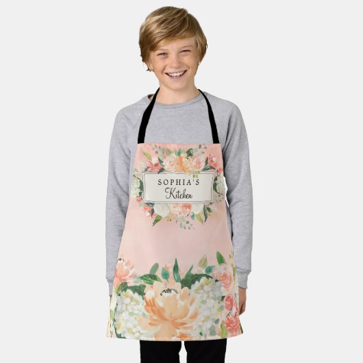 Aangepaste peach Floral Kitchen Schort (Gedragen)