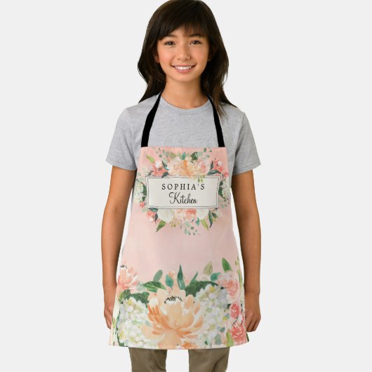 Aangepaste peach Floral Kitchen Schort (Insitu)