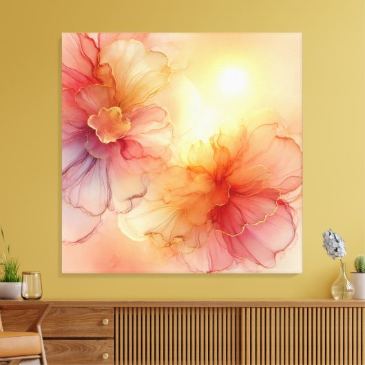 Aangepaste Peach Raspberry Bloemen Alcohol Inkt Ar Canvas Afdruk (Insitu (Woonkamer))
