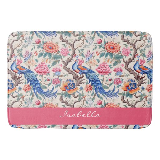 Aangepaste Peacock Chinoiserie Aziatische bloemenl Badmat (Voorkant)