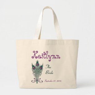 Aangepaste Peacock Feather Blauwgroen Paars Bride Grote Tote Bag