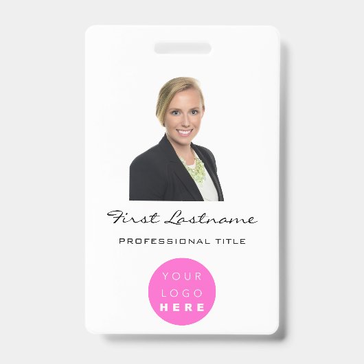 Aangepaste personeelsfoto Bar Code Logo Naam Roze Badge (Voorzijde)