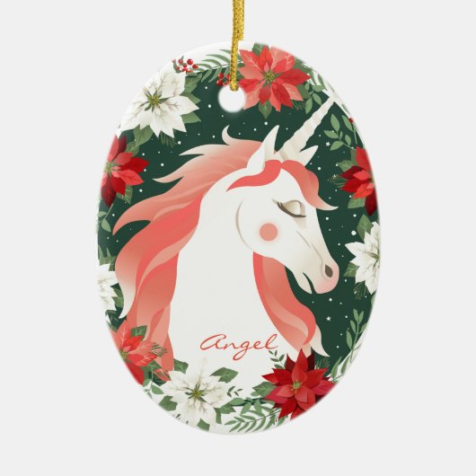 Aangepaste persoonlijke Poinsettia Unicorn Horse Keramisch Ornament (Voorkant)