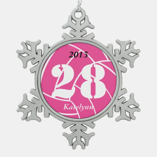 Aangepaste persoonlijke roze volleybalversiering tin sneeuwvlok ornament (Voorkant)