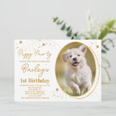 Aangepaste Pet Foto Gold Stars Puppy Dog Birthday Kaart (Staand voorkant)