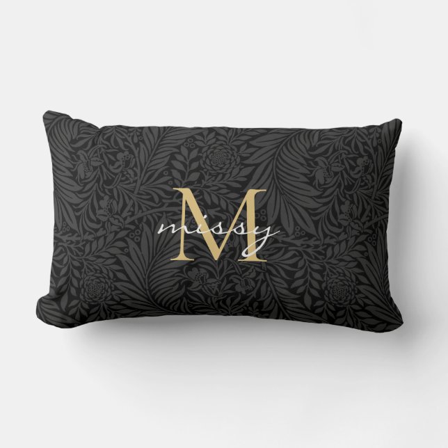 Aangepaste Pet Name Black Botanical Gold Script Kussen (Voorkant)