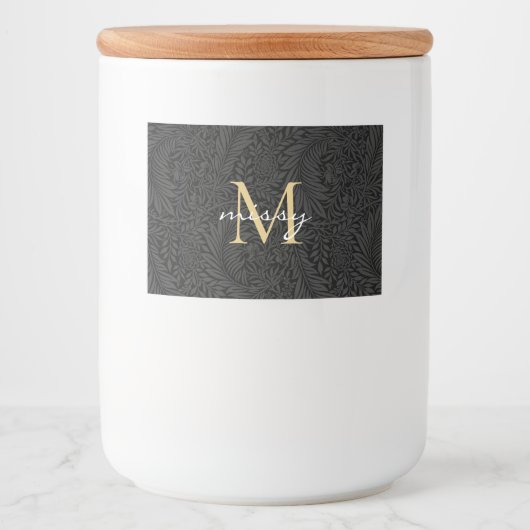 Aangepaste Pet Name Black Botanical Gold Script Voedselcontainer Etiket (Voorkant)