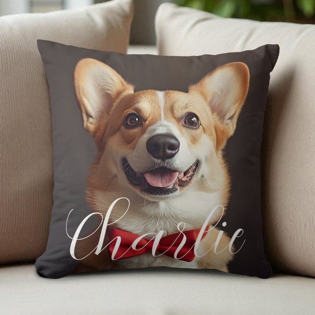 Aangepaste Pet Photo Script Naam Eenvoudige Kallig Kussen (Custom Pet Photo Script Name Simple Calligraphy Throw Pillow)