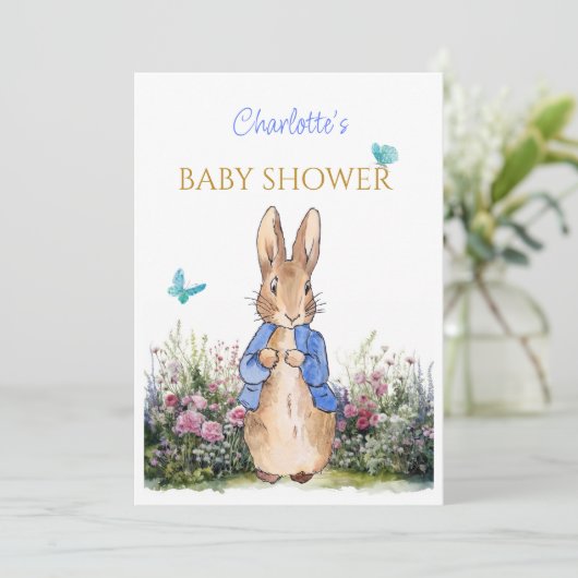 Aangepaste Peter de Konijn Baby shower Uitnodiging (Staand voorkant)