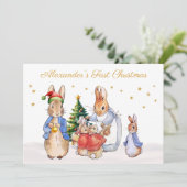 Aangepaste Peter Josephine Bunny Eerste Kerstmis Feestdagenkaart (Staand voorkant)