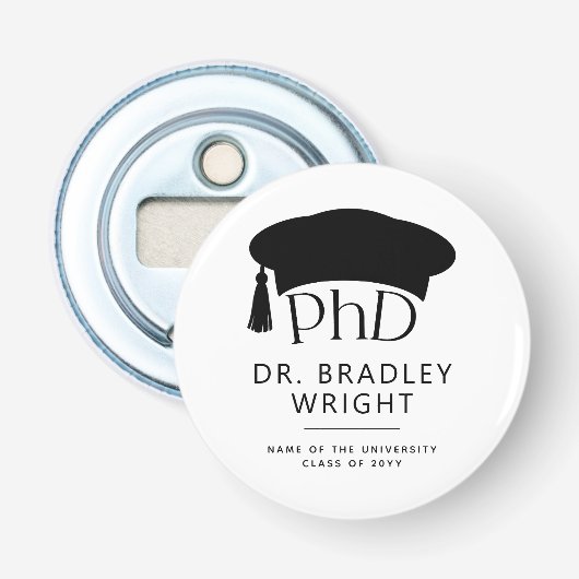 Aangepaste PhD Doctorshoed Doctoraat Afstuderen Button Flesopener (Voorkant)