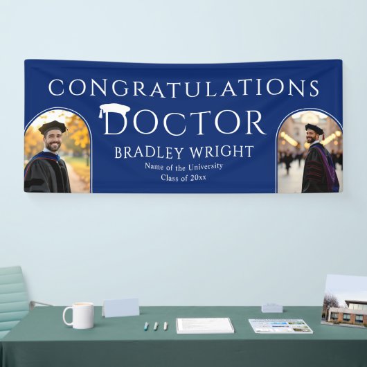 Aangepaste PhD Doctorshoed Doctoraat Afstuderen Spandoek (Beurs)