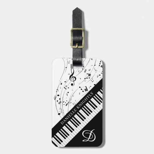 Aangepaste Piano Muzieknoten Script Name Black Whi Bagagelabel (Voorkant verticaal)