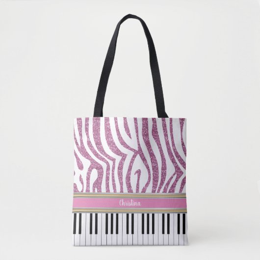 Aangepaste piano-toetsen Roze Glitter Zebra Afdruk Draagtas (Voorkant)