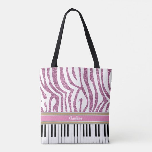 Aangepaste piano-toetsen Roze Glitter Zebra Afdruk Draagtas (Achterkant)