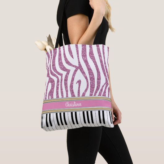 Aangepaste piano-toetsen Roze Glitter Zebra Afdruk Draagtas (Dichtbij)