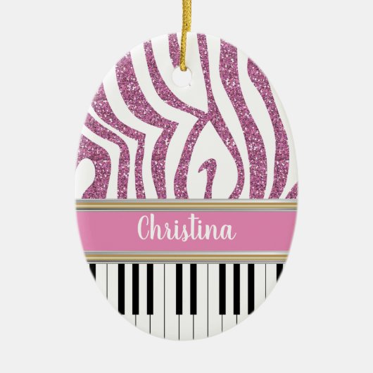 Aangepaste piano-toetsen Roze Glitter Zebra Afdruk Keramisch Ornament (Voorkant)