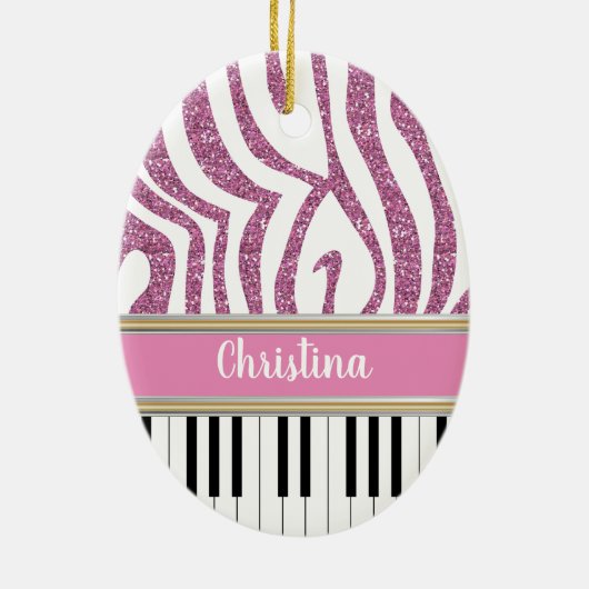 Aangepaste piano-toetsen Roze Glitter Zebra Afdruk Keramisch Ornament (Achterkant)