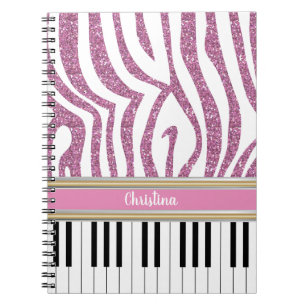 Aangepaste piano-toetsen Roze Glitter Zebra Afdruk Notitieboek