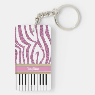 Aangepaste piano-toetsen Roze Glitter Zebra Afdruk Sleutelhanger