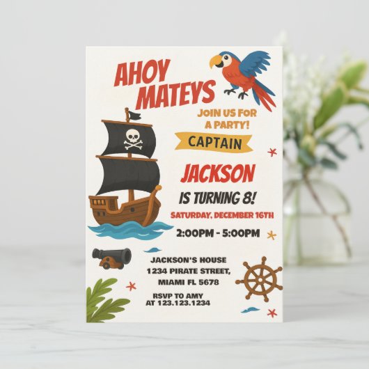 Aangepaste Pirate verjaardagsuitnodiging Kaart (Staand voorkant)
