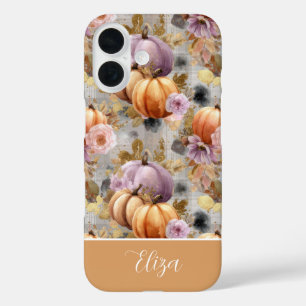 Aangepaste pompoen en bloemen geruit patroon iPhone 16 hoesje