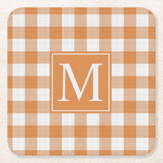 Aangepaste Pompoen Sinaasappel Gingham Pattern Vierkante Kartonnen Onderzetter (Voorkant)